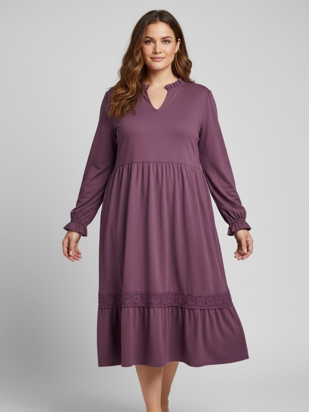 BloomChic Plus-Size Long Sleeve Purple Tiered Midi Dress long sleeve - Picture 2 of 9